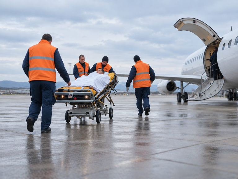 Medical crew providing care to a a patient and wheeling him on a stretcher towards an air ambulance aircraft for medical repatriation
