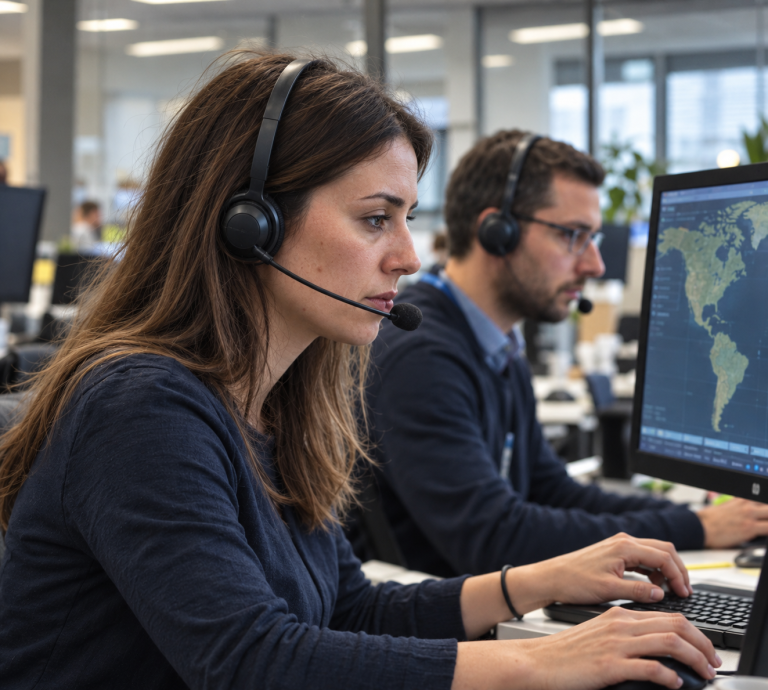 Assistance coordinators with headsets handling cases at their workstations
