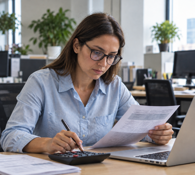 Woman reviewing invoices with a calculator and a laptop
