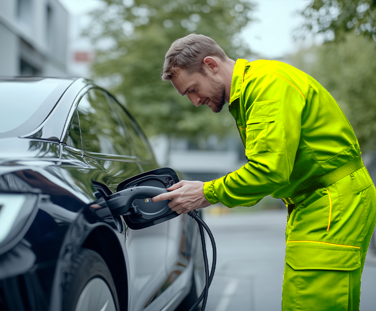 ARC Europe technician providing electric vehicle roadside assistance with on-site charging service